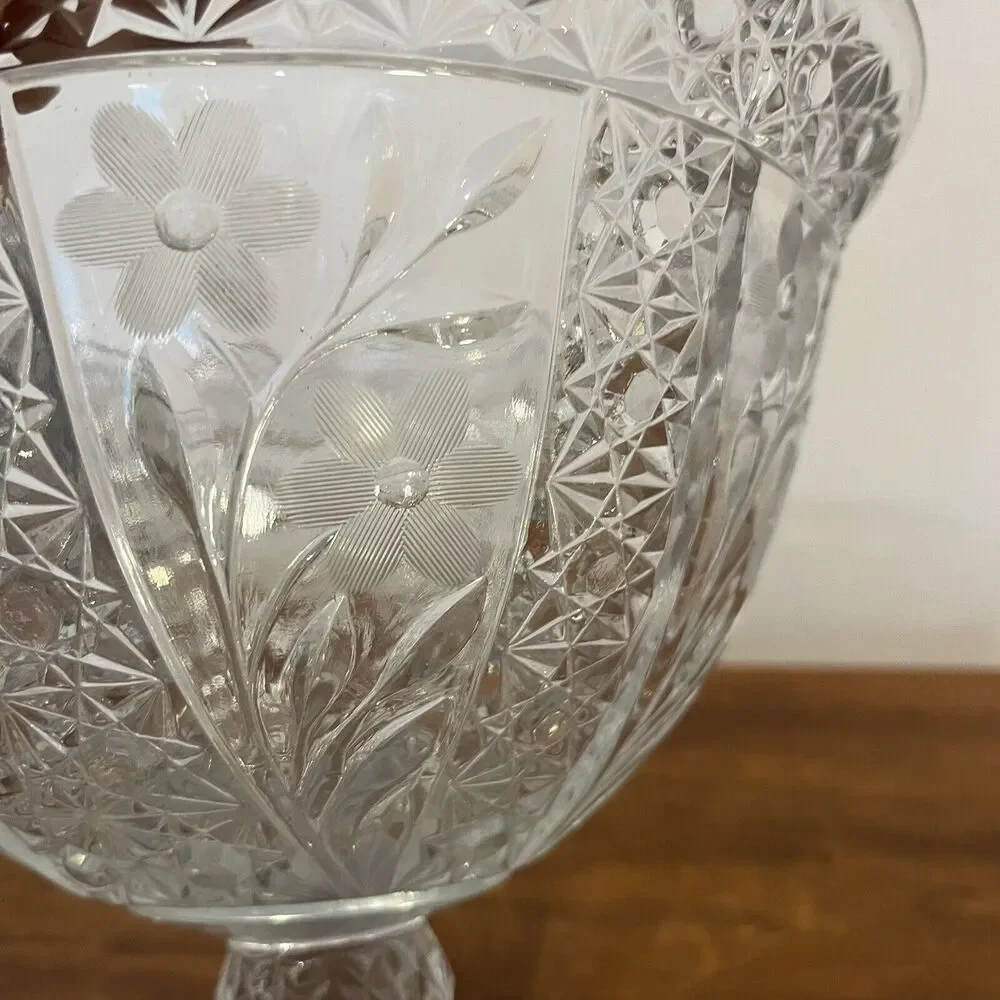 Vintage Compote Punch Bowl Candy Dish w/Frosted Etched Glass Flowers Starburst